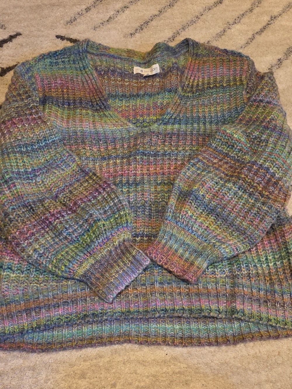 LOFT Multicolor V-Neck Ribbed Knit Sweater with Green, Blue & Purple Tones